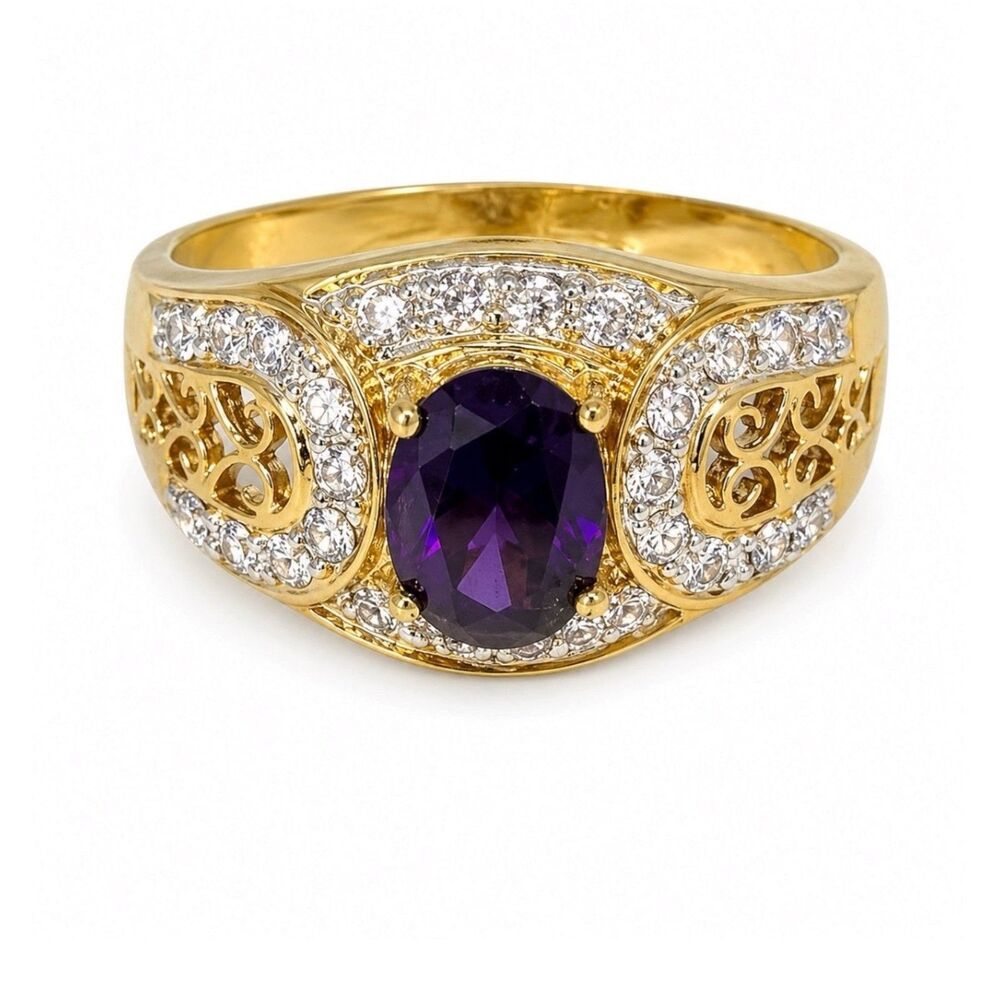 Vintage 1980s Ring Size 6 Purple CZ Pave Filigree Gold Plated Band - 14J